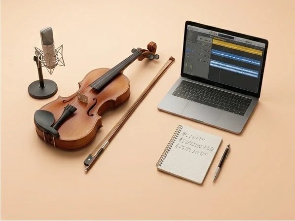 Álvaro Guzmán grabando violín profesionalmente en home studio en Santiago de Chile